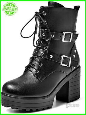 Chunky Combat Ankle Boots Round Toe Lace Up Side Zipper Platform Booties Gothic